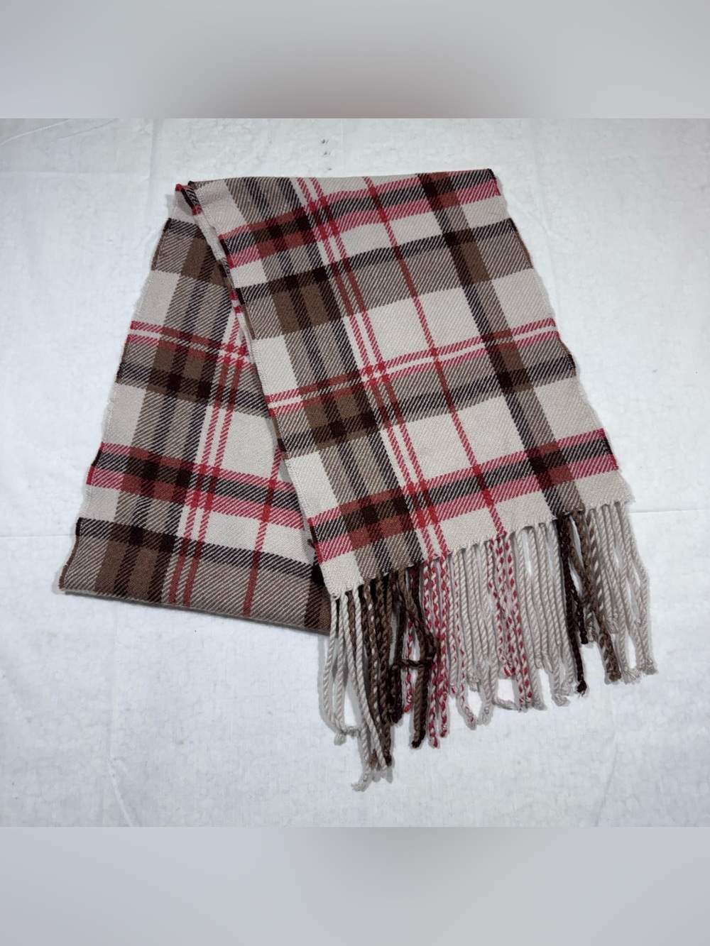 Banana Republic Plaid Cashmere Wool Blend Fringed Scarf Beige Orange 72x12